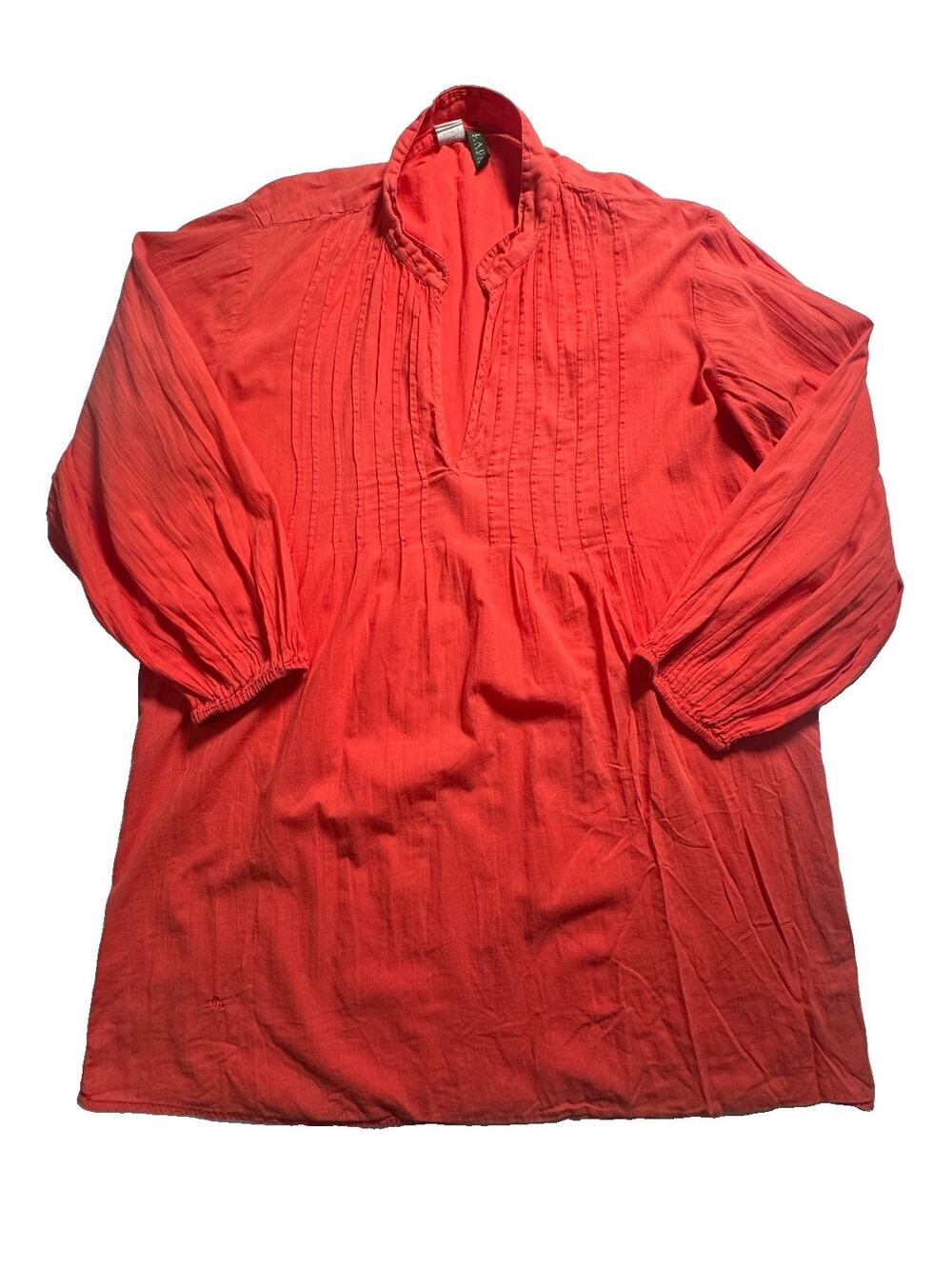 Lauren Ralph Lauren Women M Red Cotton Pintuck Tunic Blouse Long Sleeve LRL